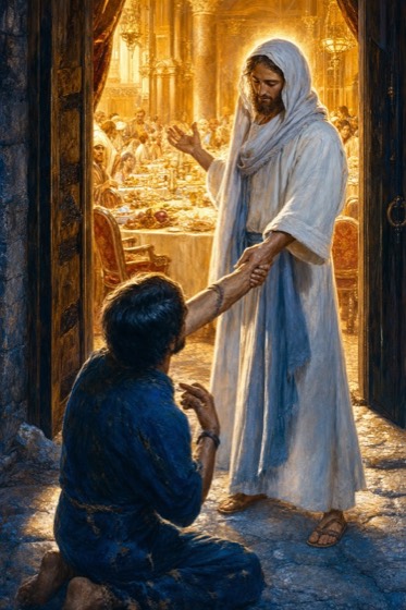 Pintura de la fundación: Cristo, en la puerta de un banquete, le tiende la mano a un hombre arrodillado en la calle.